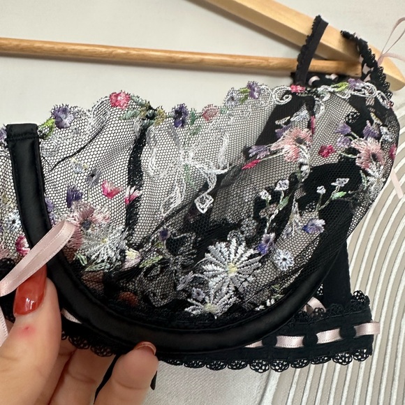 For Love And Lemons Black and Pink Lace Garter Belt set